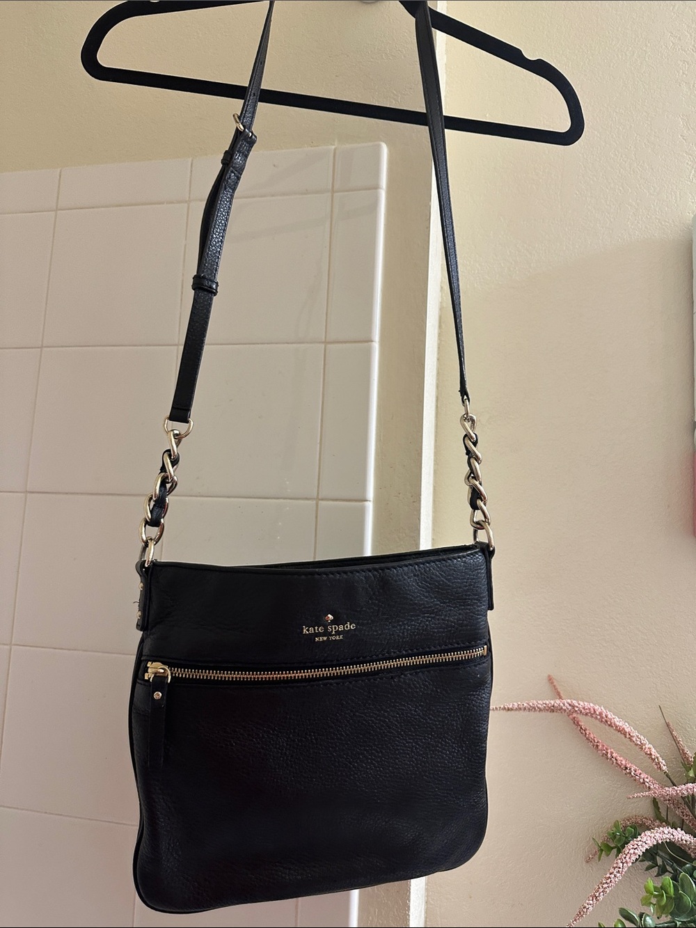 kate spade Black Leather Crossbody with Gold Chain Accents